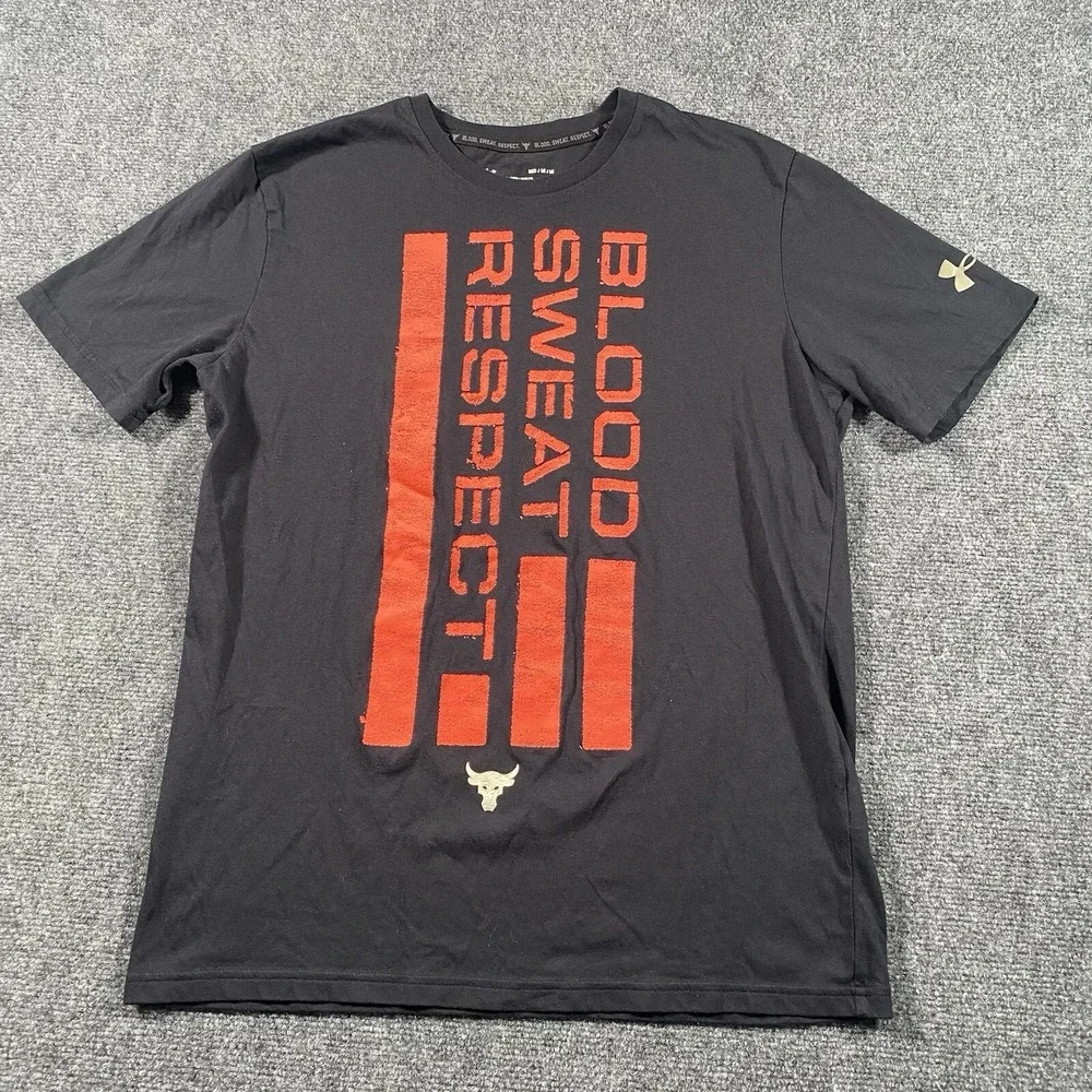 Under Armour Project Rock Mens Medium Shirt Blood Sweat Respect Spellout Gym